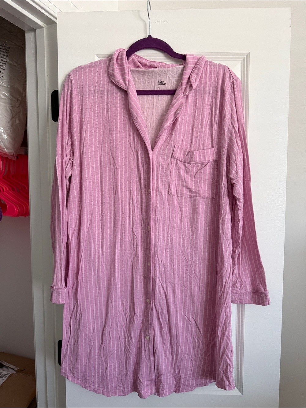 Stars Above Women’s Pink Stripe Long Button-Front Sleep Shirt